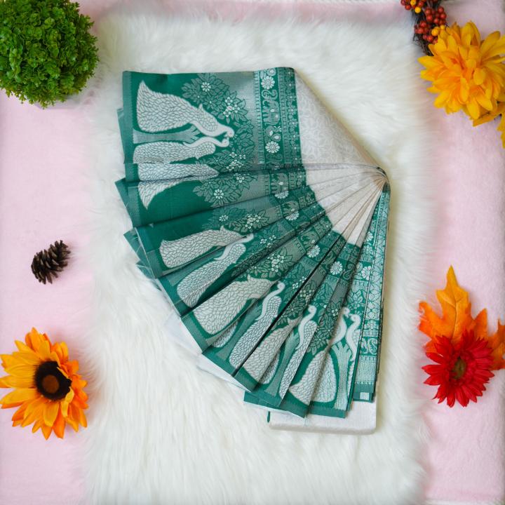 Semi silk classic peacock design silver saree