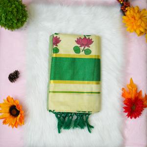 Traditional kerala handloom green tissue saree - lotus design embroidery