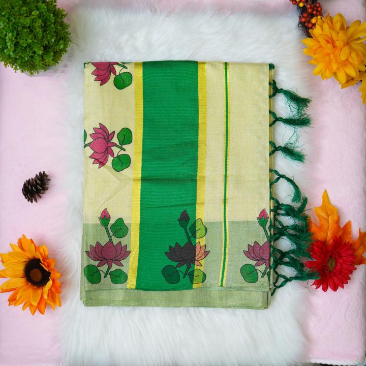 Traditional kerala handloom green tissue saree - lotus design embroidery