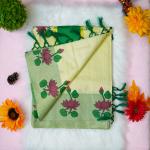 Traditional kerala handloom green tissue saree - lotus design embroidery