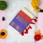 120 count Mulcotton saree with wide blue red boarder
