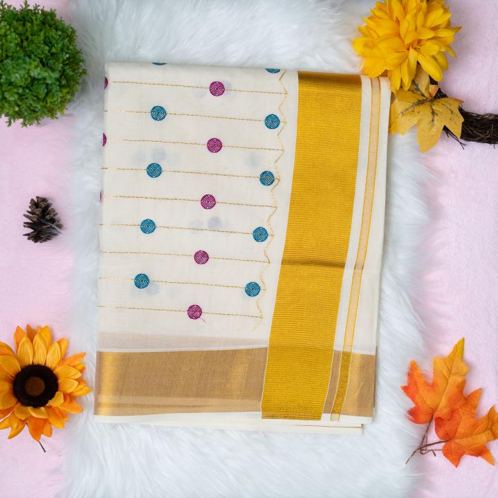 Traditional kerala handloom saree - polka dots