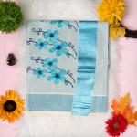 Traditional kerala handloom blue tissue saree - floral embroidery