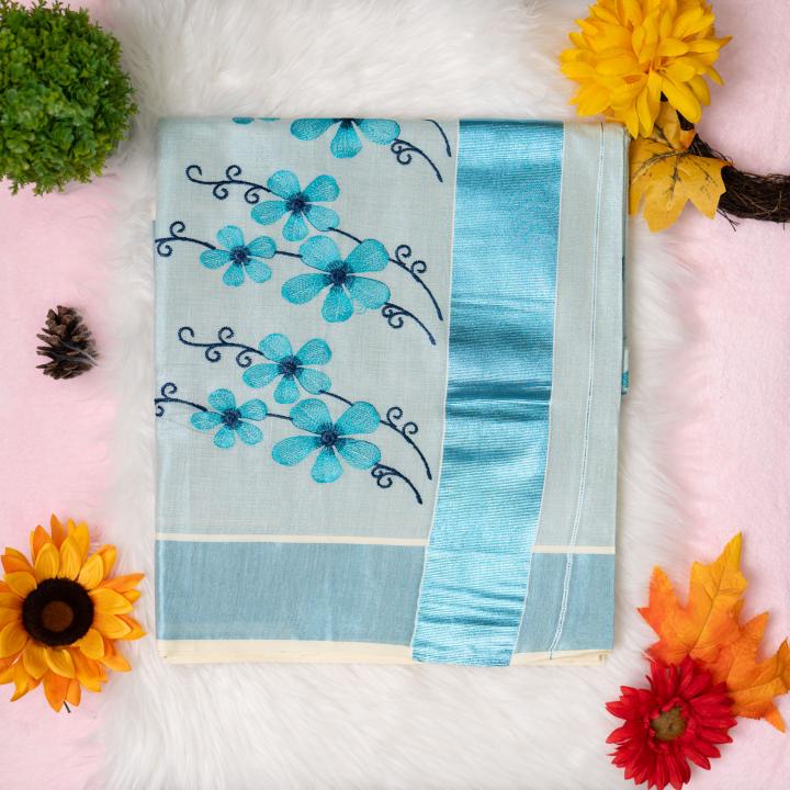 Traditional kerala handloom blue tissue saree - floral embroidery