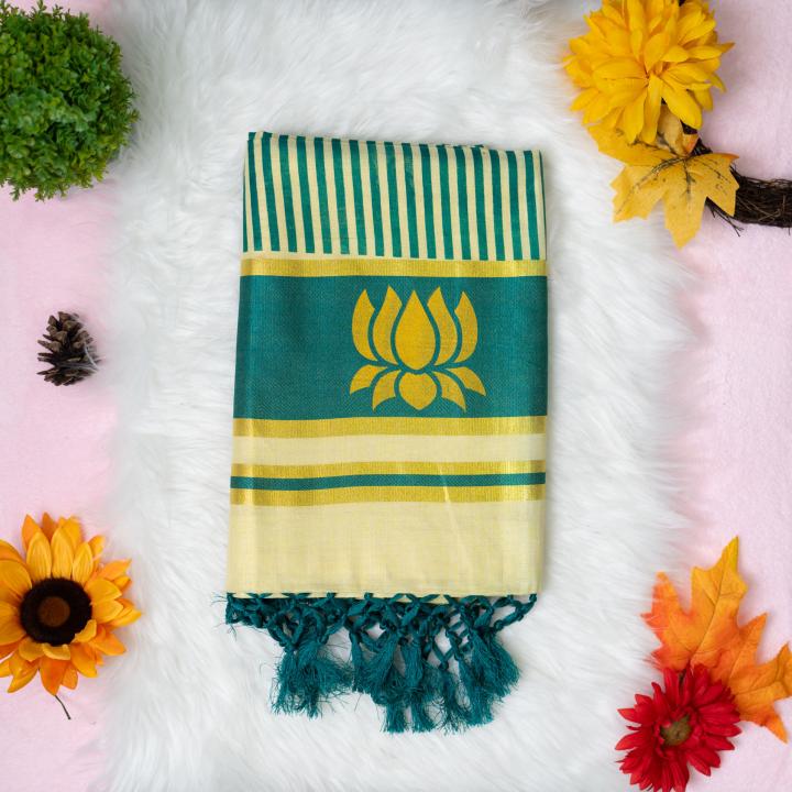 Traditional kerala handloom green tissue saree - lotus design embroidery