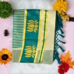 Traditional kerala handloom green tissue saree - lotus design embroidery