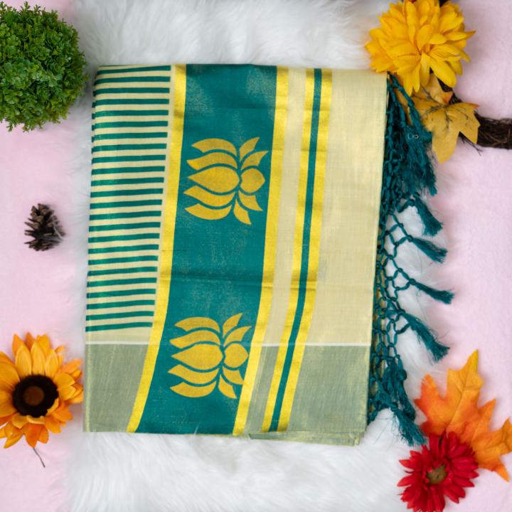 Traditional kerala handloom green tissue saree - lotus design embroidery