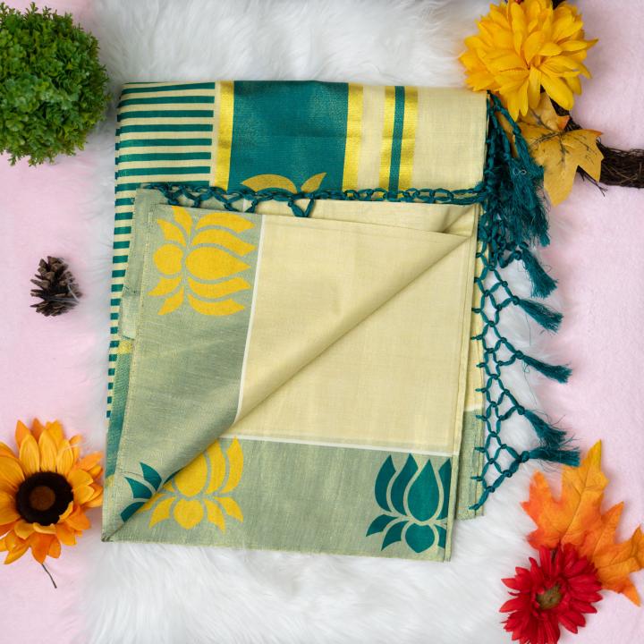 Traditional kerala handloom green tissue saree - lotus design embroidery