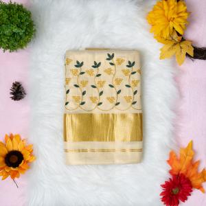 Traditional kerala handloom tissue saree - floral design embroidery