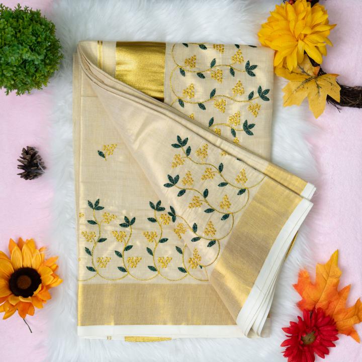 Traditional kerala handloom tissue saree - floral design embroidery