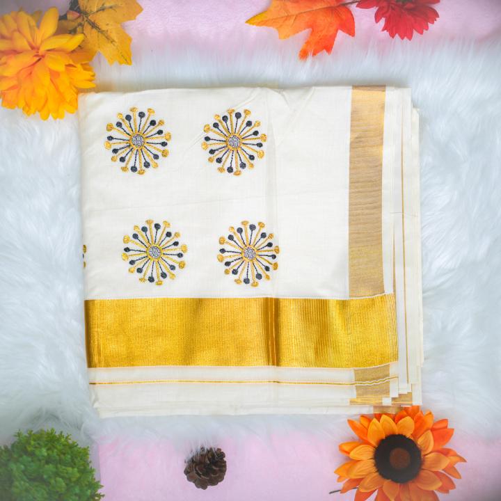 Traditional kerala handloom saree - Gold n black embroidery
