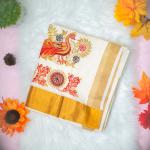 Traditional kerala handloom saree - embroidery peacock design
