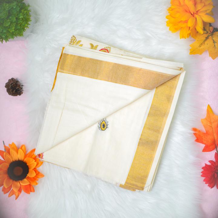Traditional kerala handloom saree - embroidery peacock design