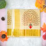 Traditional kerala handloom saree - embroidery peacock design