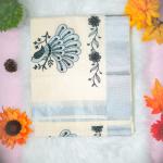Traditional kerala handloom silver saree - embroidery black and silver - peacock design