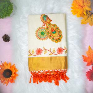 Traditional kerala handloom saree - embroidery peacock design