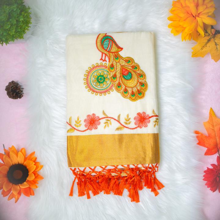 Traditional kerala handloom saree - embroidery peacock design