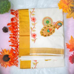 Traditional kerala handloom saree - embroidery peacock design