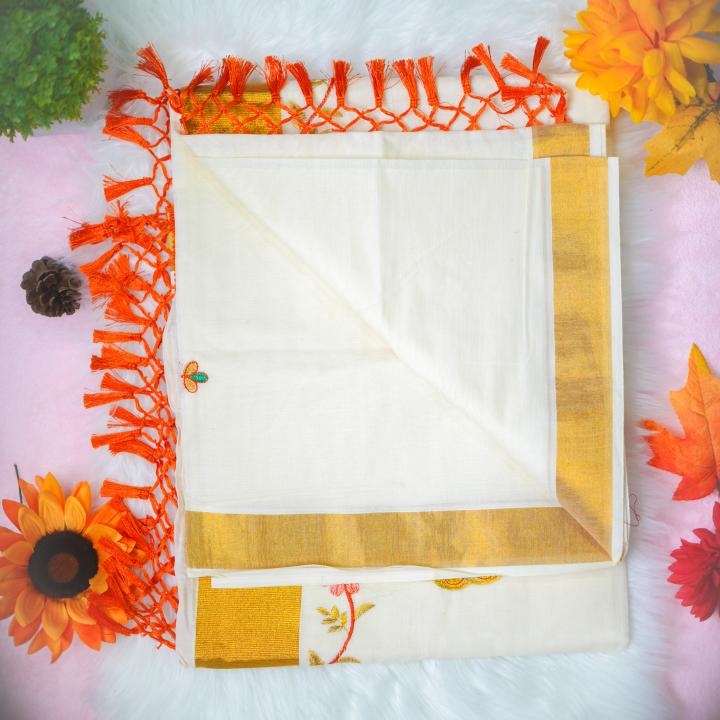 Traditional kerala handloom saree - embroidery peacock design