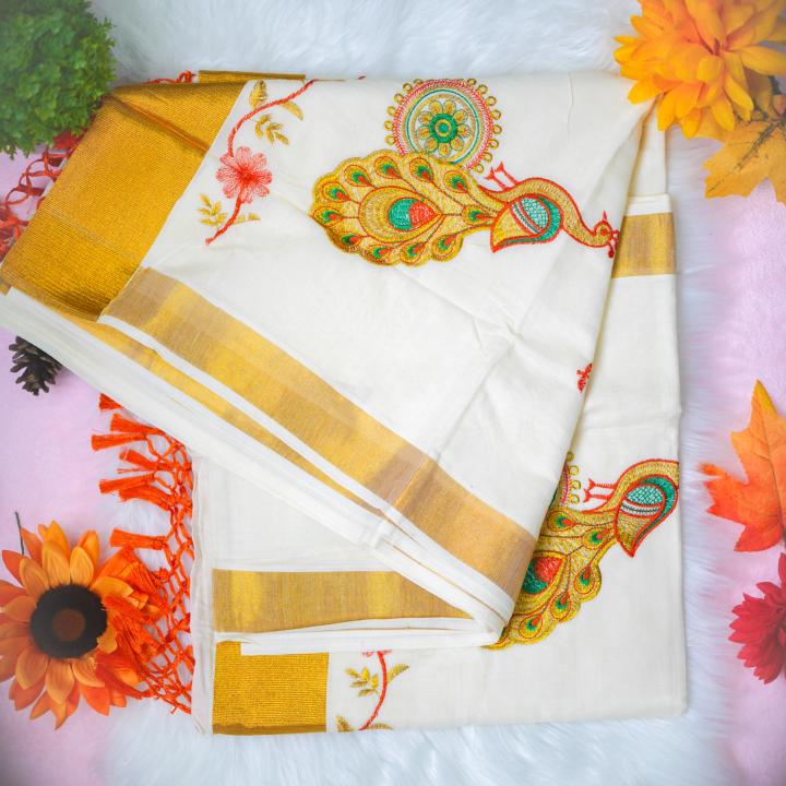 Traditional kerala handloom saree - embroidery peacock design