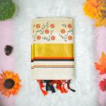 Traditional kerala handloom tissue saree - printed flower and leaves - orange and black