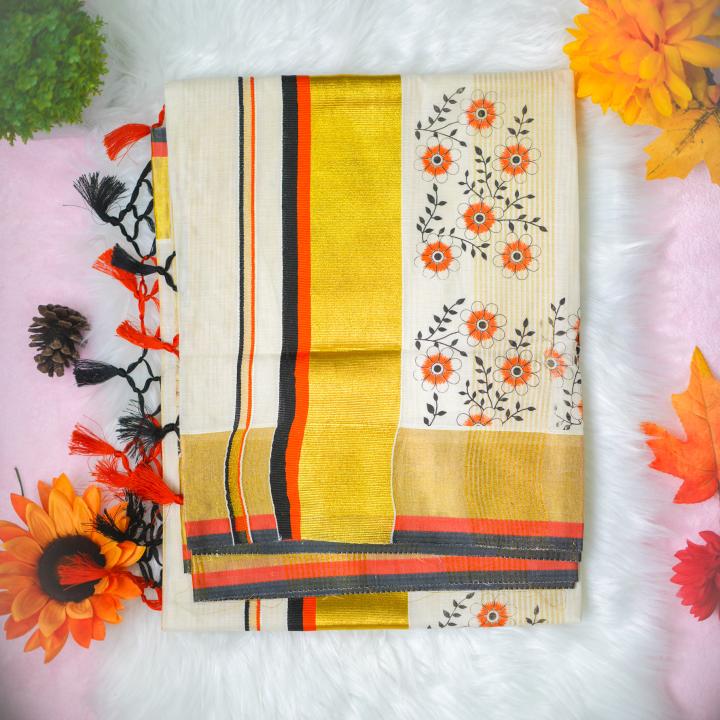 Traditional kerala handloom tissue saree - printed flower and leaves - orange and black