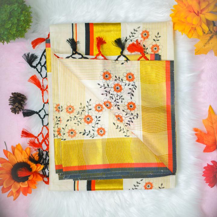 Traditional kerala handloom tissue saree - printed flower and leaves - orange and black