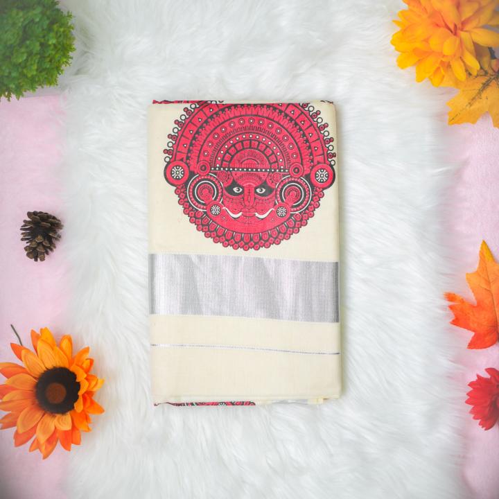 Traditional kerala handloom saree - Printed theyyam - silver kara
