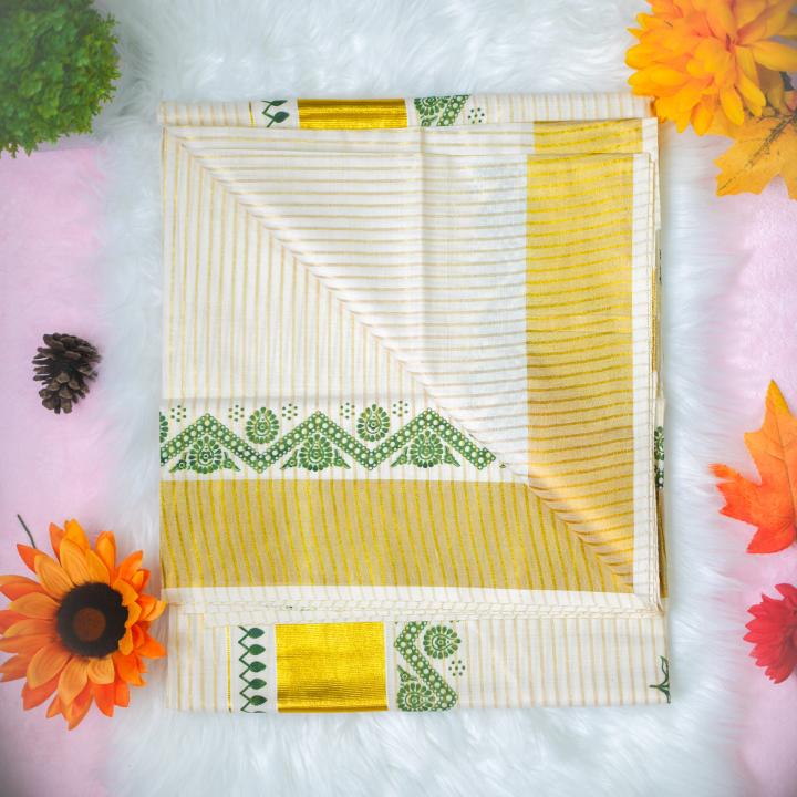 Gold and Green traditional kerala handloom saree - stripes all over