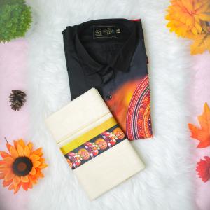 size 44 - Kathakali printed full sleeve black shirt with matching dhoti for men