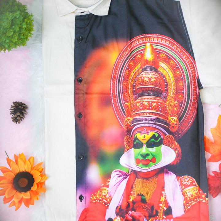 size 38 - Kathakali printed full sleeve off white shirt with matching dhoti for men
