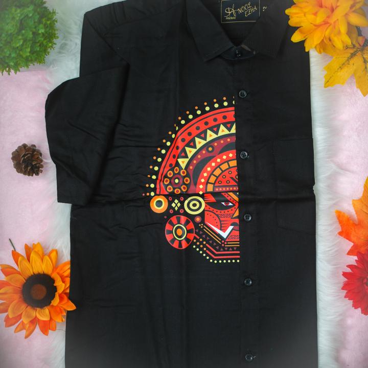 size 44 - Theyyam abstract design printed short sleeve black shirt for men