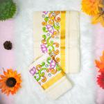 Colorful printed handloom set mundu with golden boarder