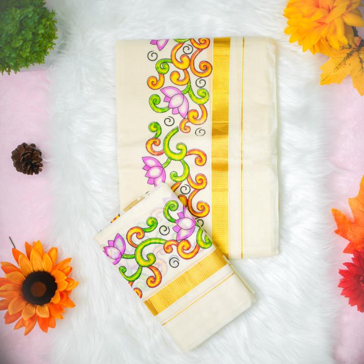 Colorful printed handloom set mundu with golden boarder