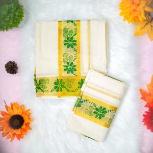 Printed handloom set mundu with gold and green design