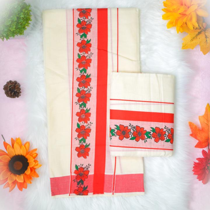 Red printed flower handloom set mundu with red boarder