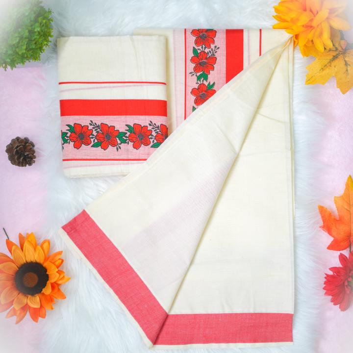 Red printed flower handloom set mundu with red boarder