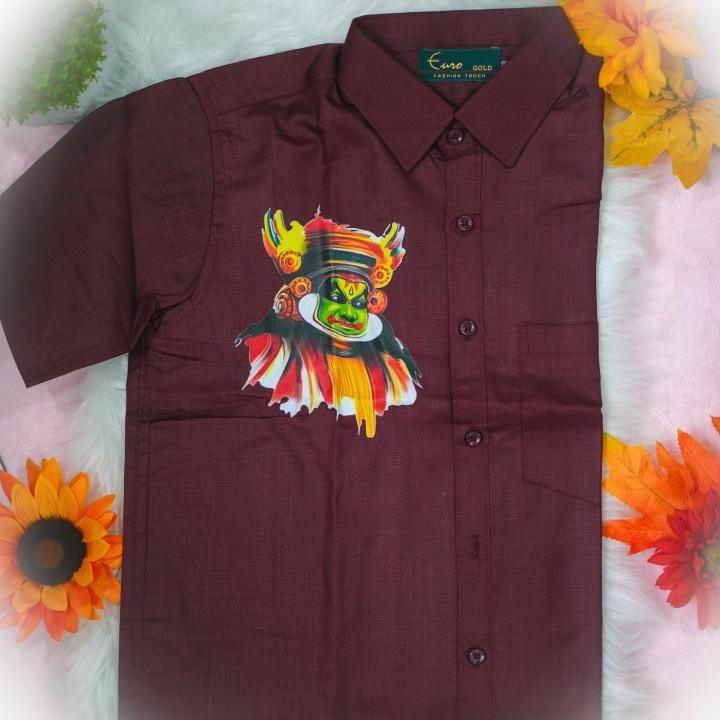 Size 38 - Kathakali printed half sleeve maroon shirt with matching dhoti for men
