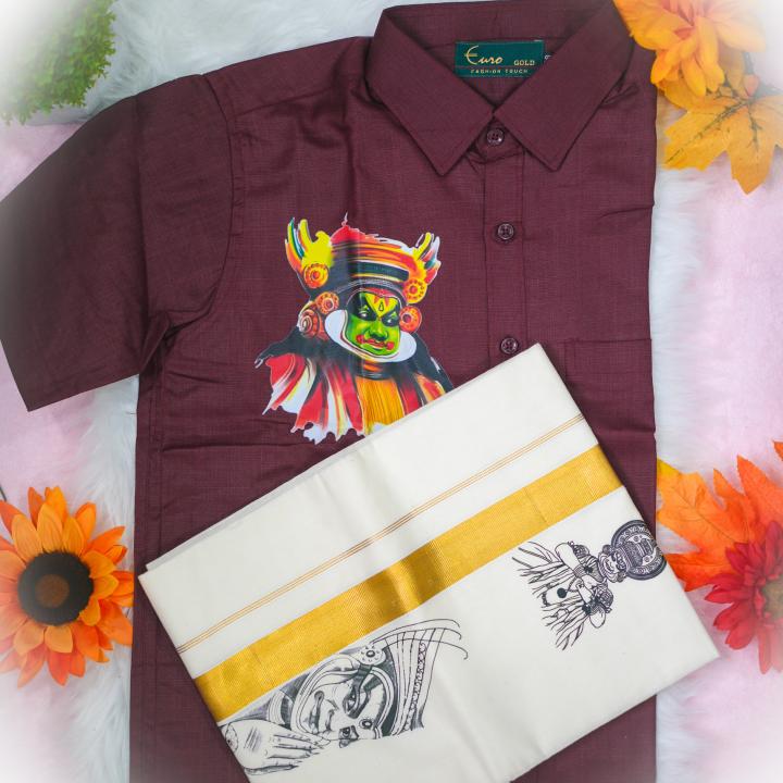 Size 38 - Kathakali printed half sleeve maroon shirt with matching dhoti for men