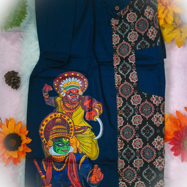 Size 42 - Kathakali art printed short sleeve blue shirt for men