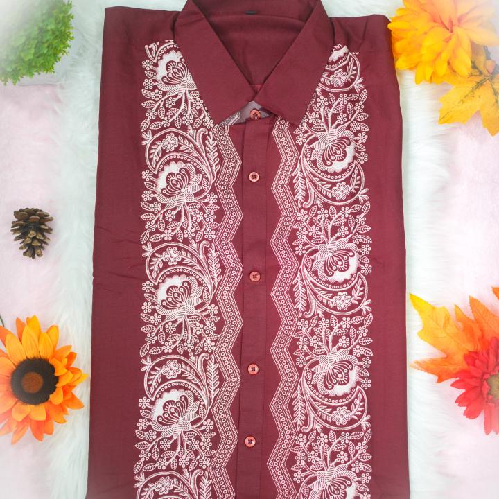 Size 40 - stencil printed abstract design short sleeve maroon shirt with matching dhoti for men