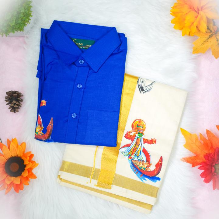Size 38 - Kathakali printed half sleeve blue shirt with matching dhoti for men