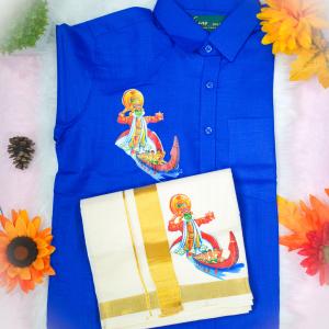 Size 38 - Kathakali printed half sleeve blue shirt with matching dhoti for men
