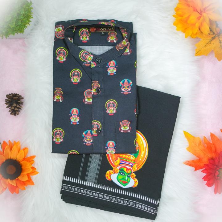 Kathakali printed half sleeve black shirt with matching dhoti for men - size Large