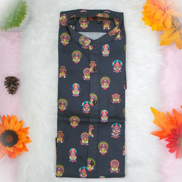 Kathakali printed half sleeve black shirt with matching dhoti for men - size Large