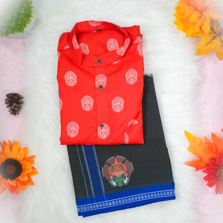 Kathakali printed full sleeve red shirt with matching dhoti for men - Size Medium