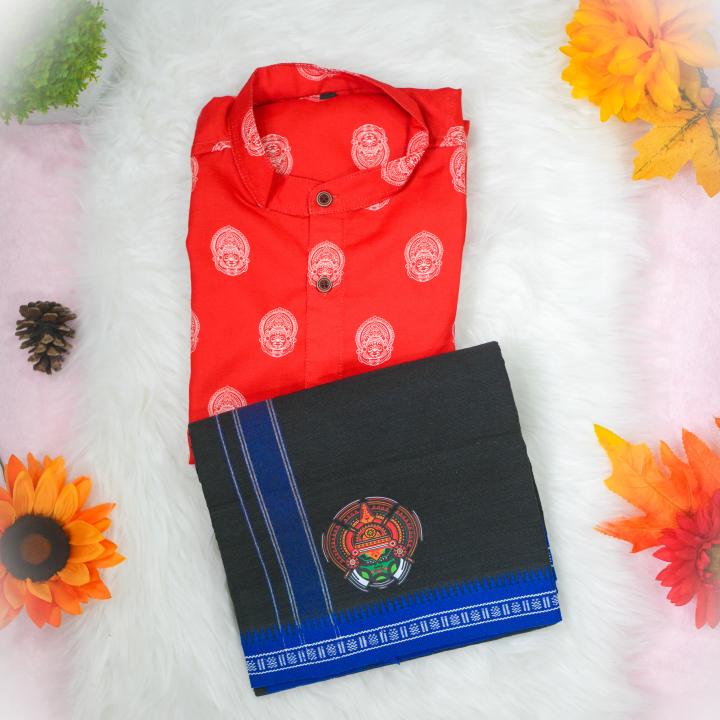 Kathakali printed full sleeve red shirt with matching dhoti for men - Size Medium