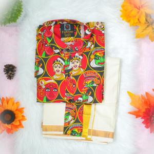 Kathakali printed full sleeve black shirt with matching dhoti for men - size XL