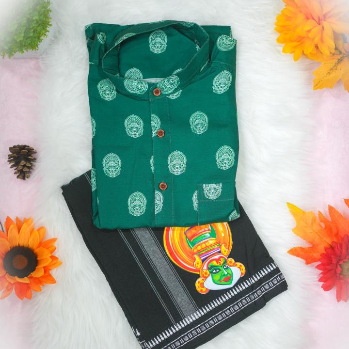 Kathakali printed full sleeve green white shirt with matching dhoti for men - size XL