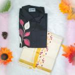 Leaves printed full sleeve black shirt with matching dhoti for men - size Medium